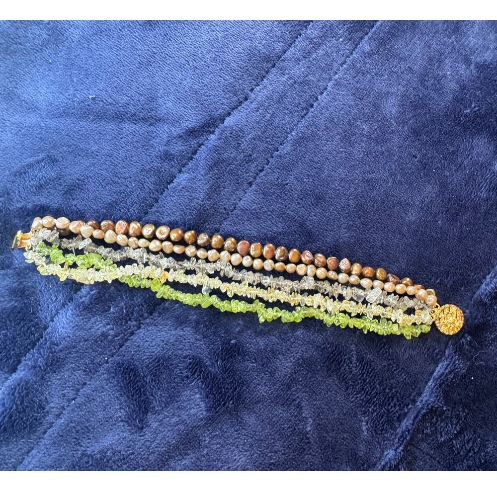 Peridot & Freshwater Pearl Bracelet – 6 Strand Boho Chic Gemstone, 8"